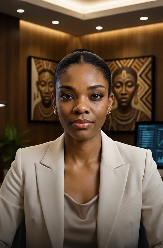 Helena Pedro in a cream blazer in an executive studio with African-inspired artwork