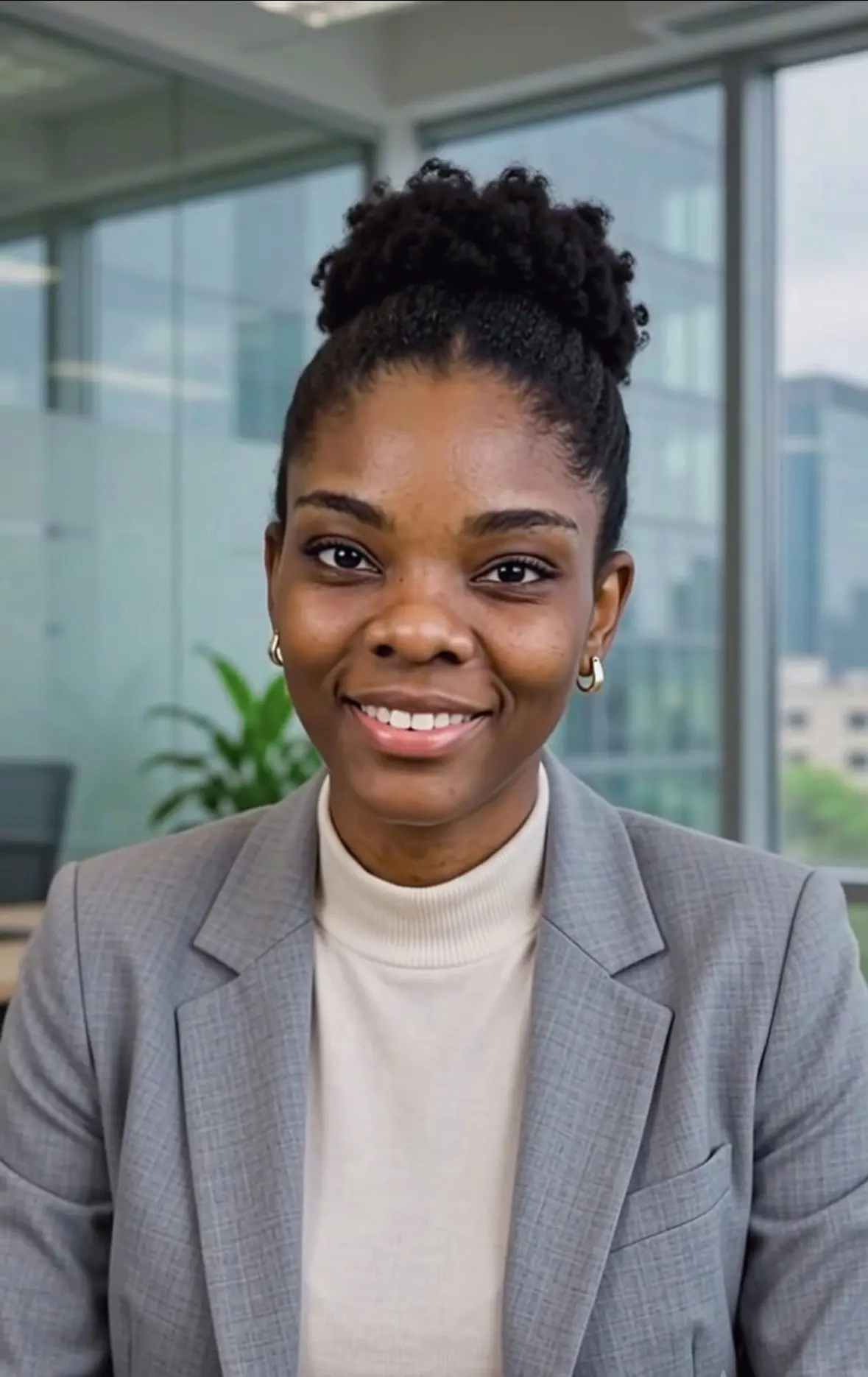Smiling professional portrait of Helena Pedro wearing a gray blazer
