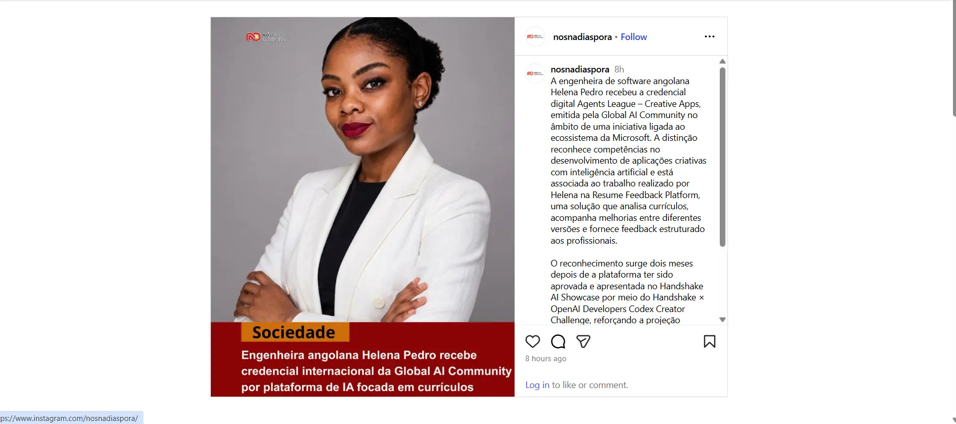 Nós na Diáspora Instagram coverage of Helena Pedro and Resume Feedback Platform