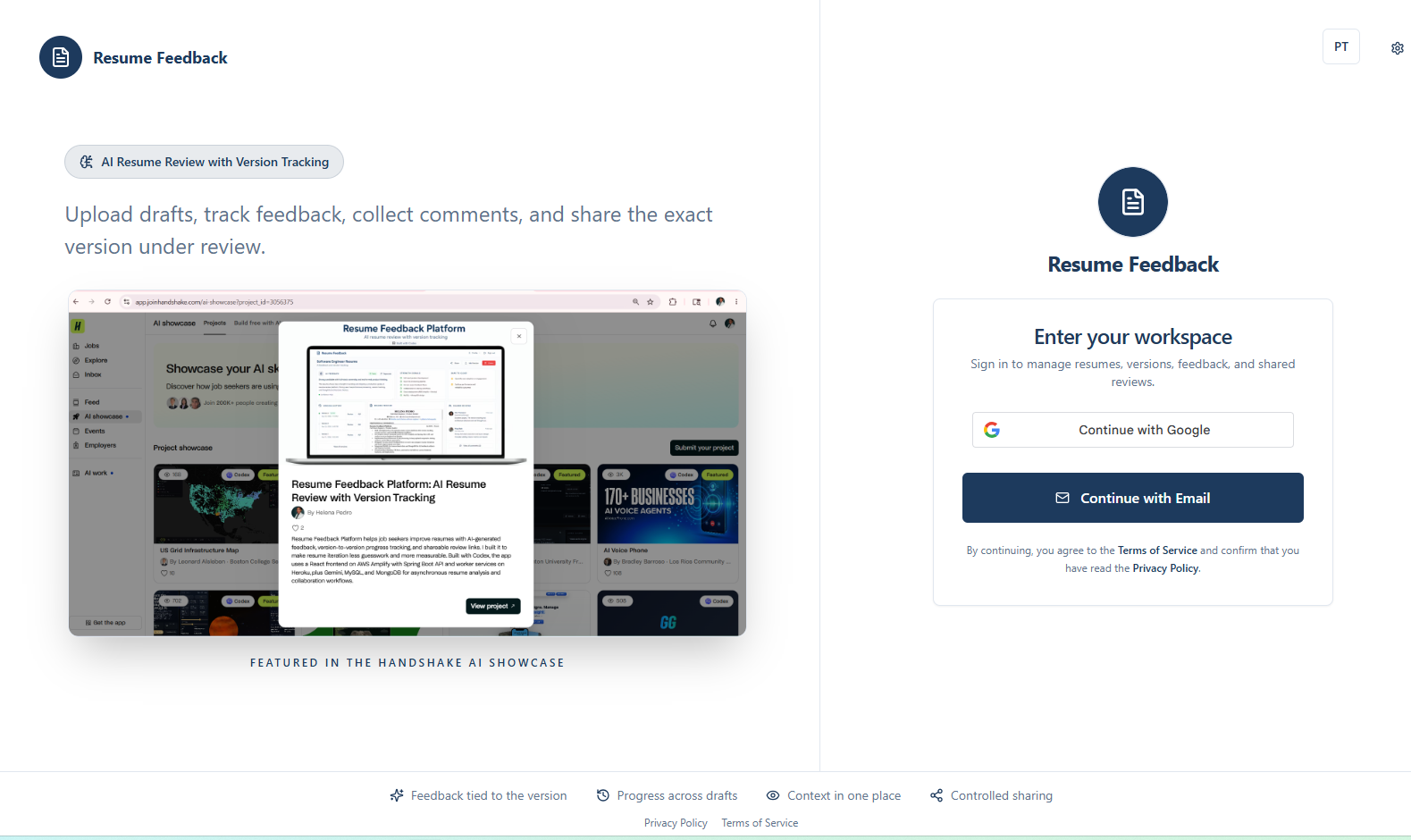 Resume Feedback Platform homepage with Handshake AI Showcase and sign-in panel