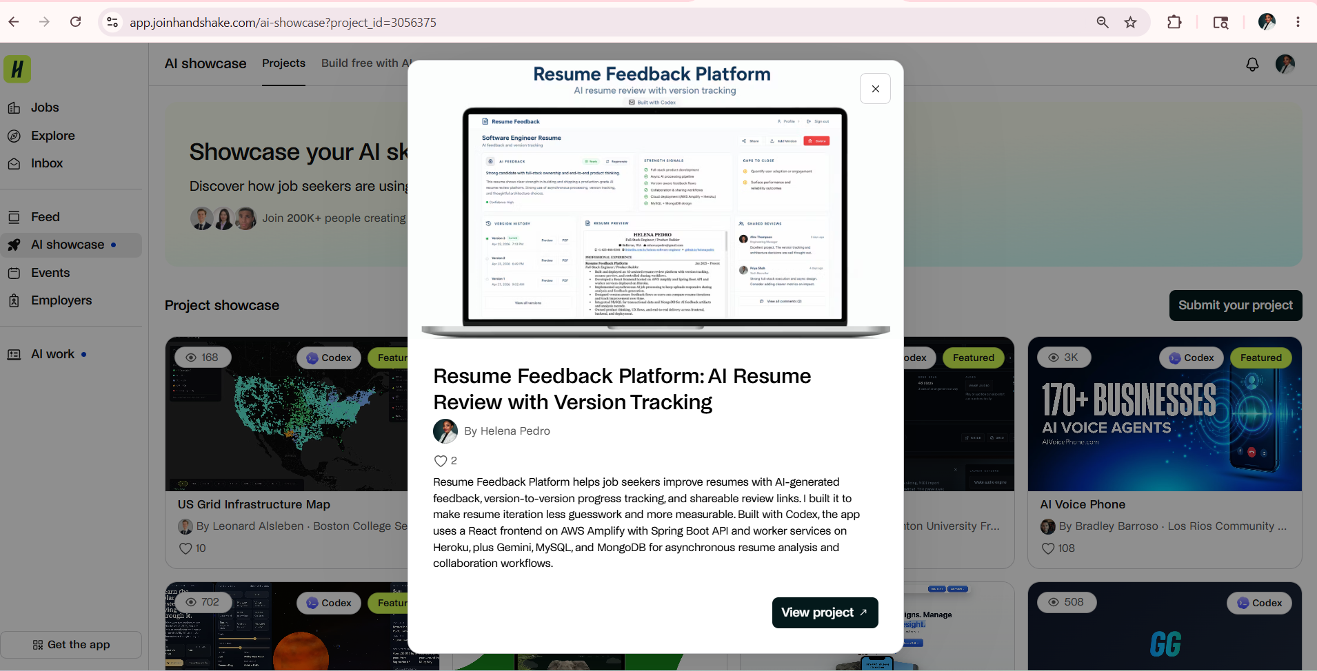 Handshake AI Showcase: Resume Feedback Platform em destaque pelo OpenAI Developers x Handshake
