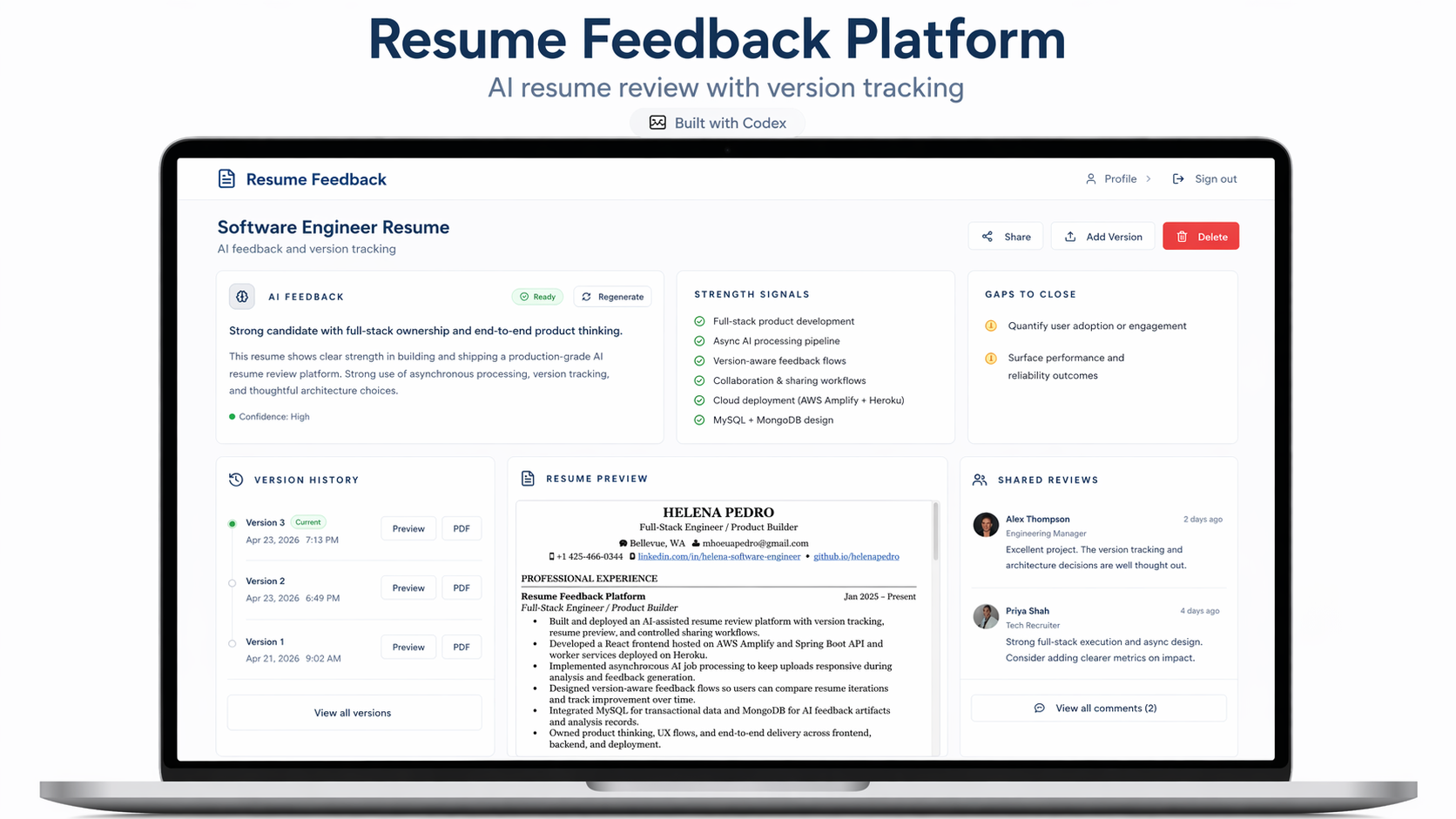 Resume Feedback Platform interface by Helena Pedro
